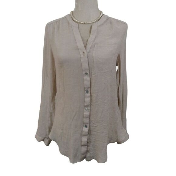 Zach & Rachel Button Front Top Long Roll Tab Sleeve Simi Sheer - Picture 7 of 7